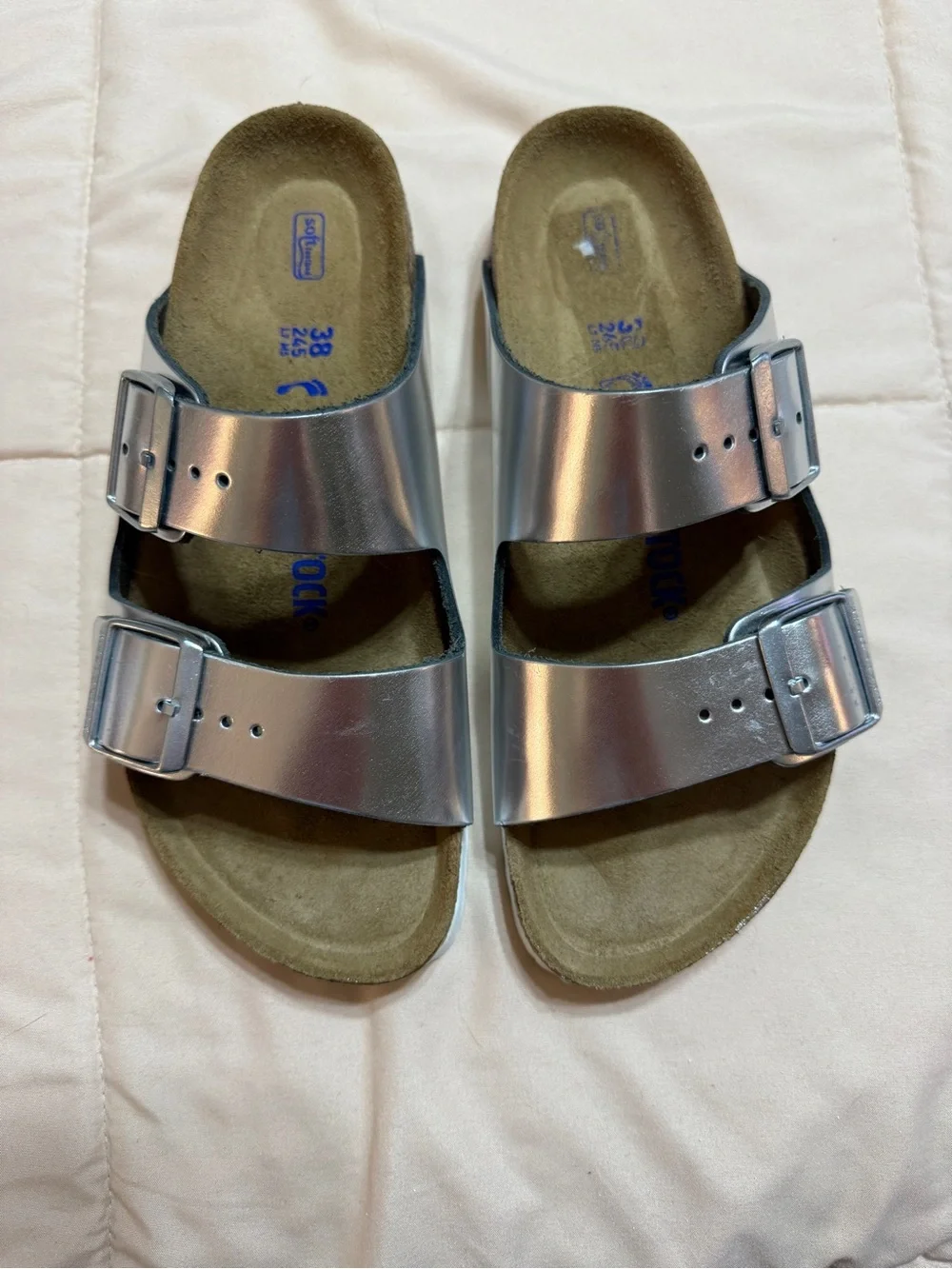 Birkenstock Women’s Softbed Two-Strap Metallic Silver Sandals